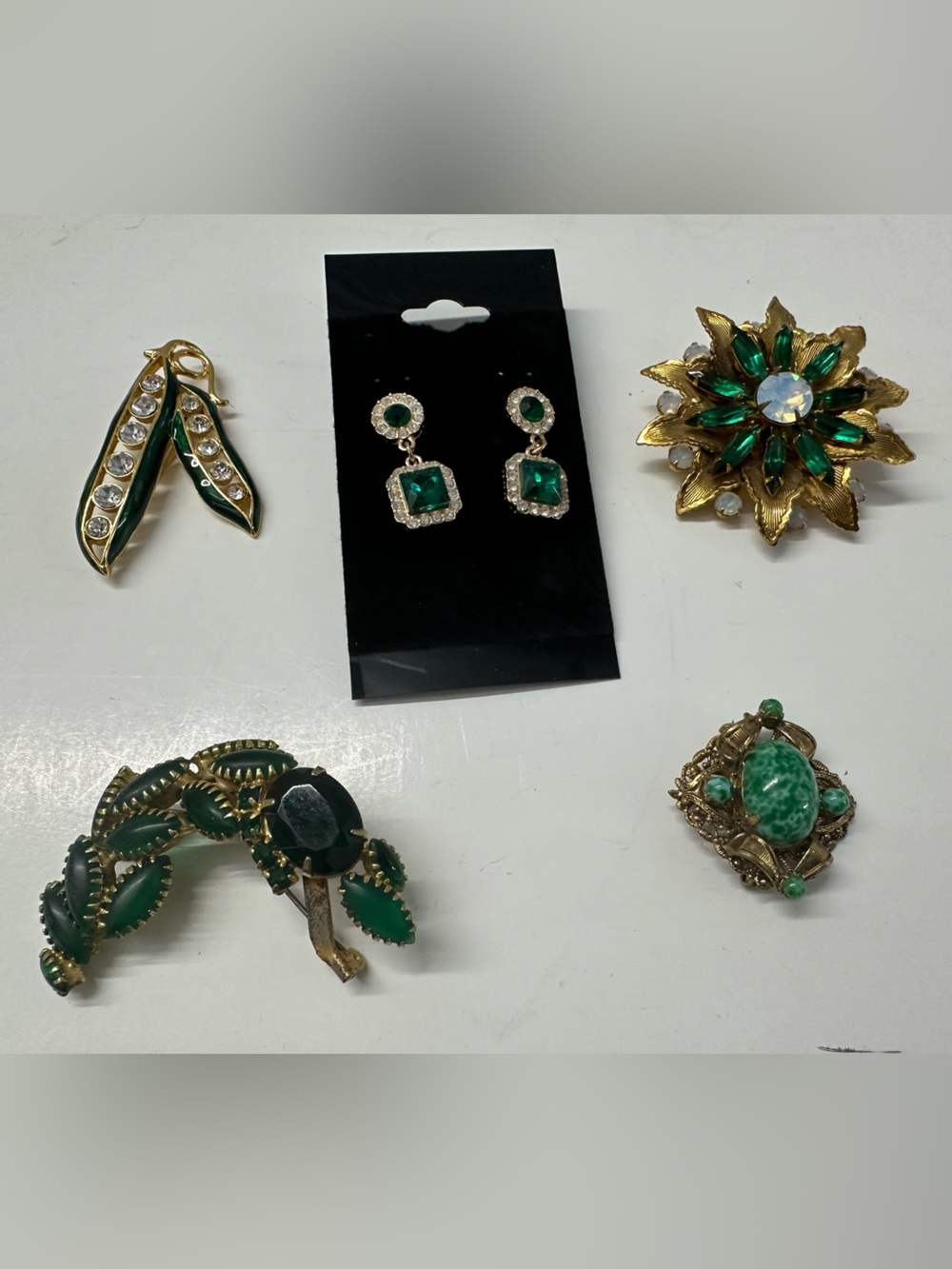 Vintage Green and Gold Floral Brooches & Earring Lot